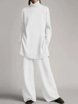 Elegants Sieviešu Trikotāžas Divas Gabals Komplekti 2022. Gada Pavasarī Gadījuma Zaudēt Cietā Tērpiem Femme Modes Augstu Uzrullētu Apkakli Džemperis Un Garās Bikses Uzvalki