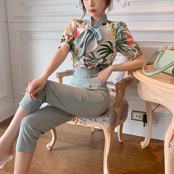Vasarā Divas Gabals Tērpiem Drukāt Zieds Blūze un Slim, Zaļā Bikses 2 gab. Komplekts Dāmām, franču Stila Elegantas Sievietes Streetwear