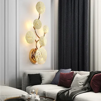 Ziemeļvalstu post-modernās golden lotus leaf sienas lampas dzīvojamā istabā fona sienu apdare lampas eju lampas guļamistabas studiju gultas lampa