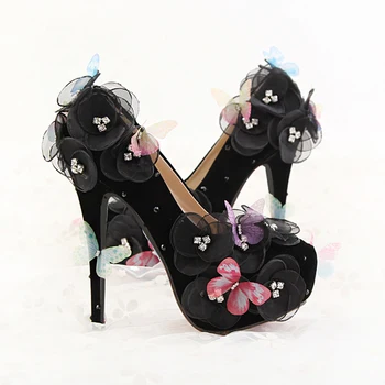 Augsti Papēži 14cm Platforma Melna Sieviešu Kāzu Kurpes Kāzu Sūkņi Butterfly Ziedu Potītes Siksniņu, Dāmas Sexy Puse Kurpes Apavi