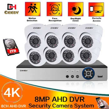 CHHSV 4K CCTV 8CH DVR Video Novērošanas Sistēmas 8MP AHD Kameras Komplektu Day & Night AHD Dome Kameras Komplektu, VGA, HDMI Izeja