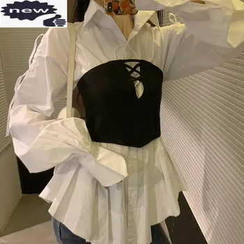 Rudens Turndown Apkakli, Garām Piedurknēm Balti Krekli Sieviešu Dizainparauga Nelikumīgu Loose Fit Vienkrāsainu Modes Topi Biroja Dāmas Blūze
