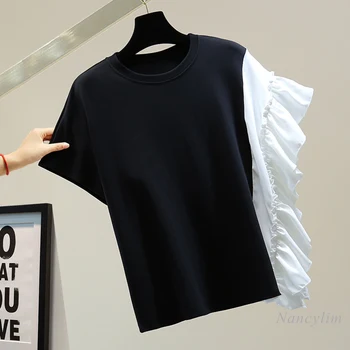 Neregulāra Ruffles Īsām Piedurknēm T-krekls Sievietēm Ir 2021. Vasaras korejiešu Stilā Zaudēt Šifona Izšūšanas Gadījuma Visas-Atbilstošas Top Melns Pelēks