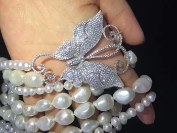 Karstā pārdot 2strands balta saldūdens pērļu kaklarota zircon piederumi tauriņš sprādzes ziedu modes rotaslietas
