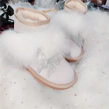 Ziemā bieza, neslīdoša sieviešu balti zābaki fox matu izsmalcinātu butterfly biezs samts īss sniega zābaki, pasaku stils ir 2021.