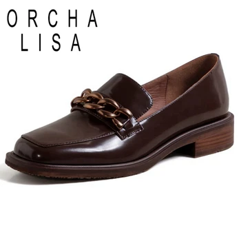 ORCHA LISA ir 2021. Modes Īstas Ādas Dāmas Dzīvokļi Apaļu Purngalu Ķēdes Lofers 2.5 cm Chunky Papēža Izmēri 34-40 Melns Brūns A4261