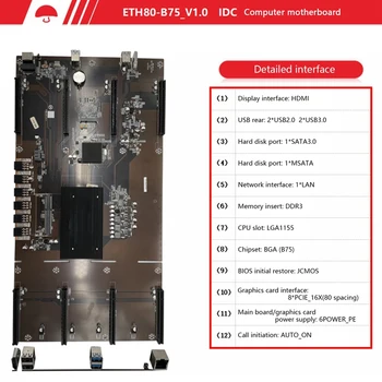 ETH80 B75 BTC Ieguves Mātesplati+I3 2100 CPU 8XPCIE 16X LGA1155 DDR3 Atbalstu 1660 2070 3090 RX580 Grafikas Karte