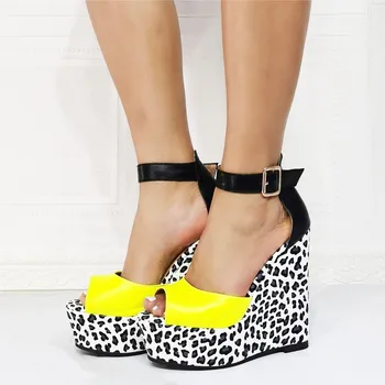 Elegants Dzeltena Peep Toe Ķīlis Sieviešu Sandales Modes Leopard Augsta Platforma Sprādzi Potītes Siksniņu, Augsti Papēži Dāma Vasaras Puse Apavi