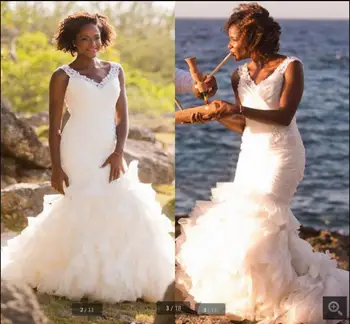 V-veida Kakla Mežģīnes Mermaid Kāzu Kleitas 2021 Sexy kroku Ruffles Organza Kāzu Kleitas Āfrikas tiesa vilcienu Līgavas Kleita vestido de