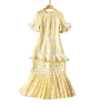 Augstas Kvalitātes Skrejceļa Dizaineri Kleita Vasaras Elegants Vintage Ruffles Dzeltena Mežģīnes Raibs Midi Sirēna Puse Kleitas Sievietēm