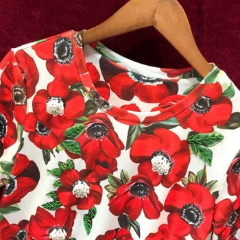 Jaunu 2022 Vasaras Augstas Kvalitātes Sieviešu Kokvilnas Ziedu Iespiesti Īsām Piedurknēm T-krekls Vintage Gadījuma Frēzēšana Eleganti Dāmu t-veida Topi