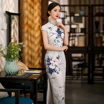 Vintage Print Satīna Cheongsam Sieviešu Sexy Slim Sadalīt Qipao Retro Pogu Klasisks Elegants Ķīniešu Stila Kleita Pavasara Kleita