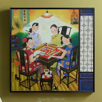 Eļļas Glezna Roku Apgleznoti Ķīniešu gleznotāji Hu YongKai Mahjong Laiks Gleznu Audekla Mūsdienīga Sienas māksla, Attēlu, Mājas dekoru 90x90cm #2