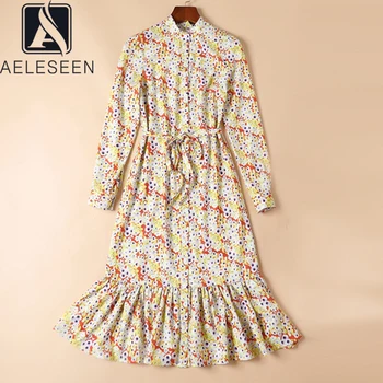 AELESEEN Dizaineru Modes Sieviešu Taures Kleita Pavasara Rudens Ziedu Drukāt Ruffles Ilgi Elegants Kleitas