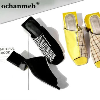 Ochanmeb karstā modes houndstooth pleds mīksts mākslīgās zamšādas ādas čības sieviešu vasaras peep toe slaidi kurpes sievietei kurpes flip flops