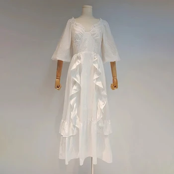 CHICEVER Kārtojumu Savirmot Hem Kleita Sieviešu V Kakla garām Piedurknēm Cietā Reizes Kroku Kleitas, Sieviešu Apģērbi Ir 2021. Modes Apģērbi