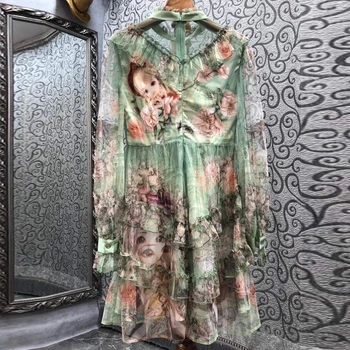 SEQINYY Zaļa Mini Kleita Pavasara Vasaras Jaunā Modes Dizaina Sievietes Skrejceļa Vintage Ziedu Acs Ruffles Gadījuma High Street
