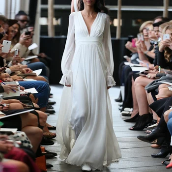 Rudens White Vintage Kleita Sievietēm 2020. Gadam Augstas Kvalitātes Skrejceļa Elegantu V-kakla garām Piedurknēm Drapēti Kroku Gara Šifona Kleita