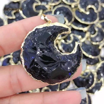 Vairumtirdzniecības Zelta Pārklājumu Rokas Pārdota Dabas Black Obsidian Pusmēness Mēness Akmens Kaklarota, Kulons MY210906